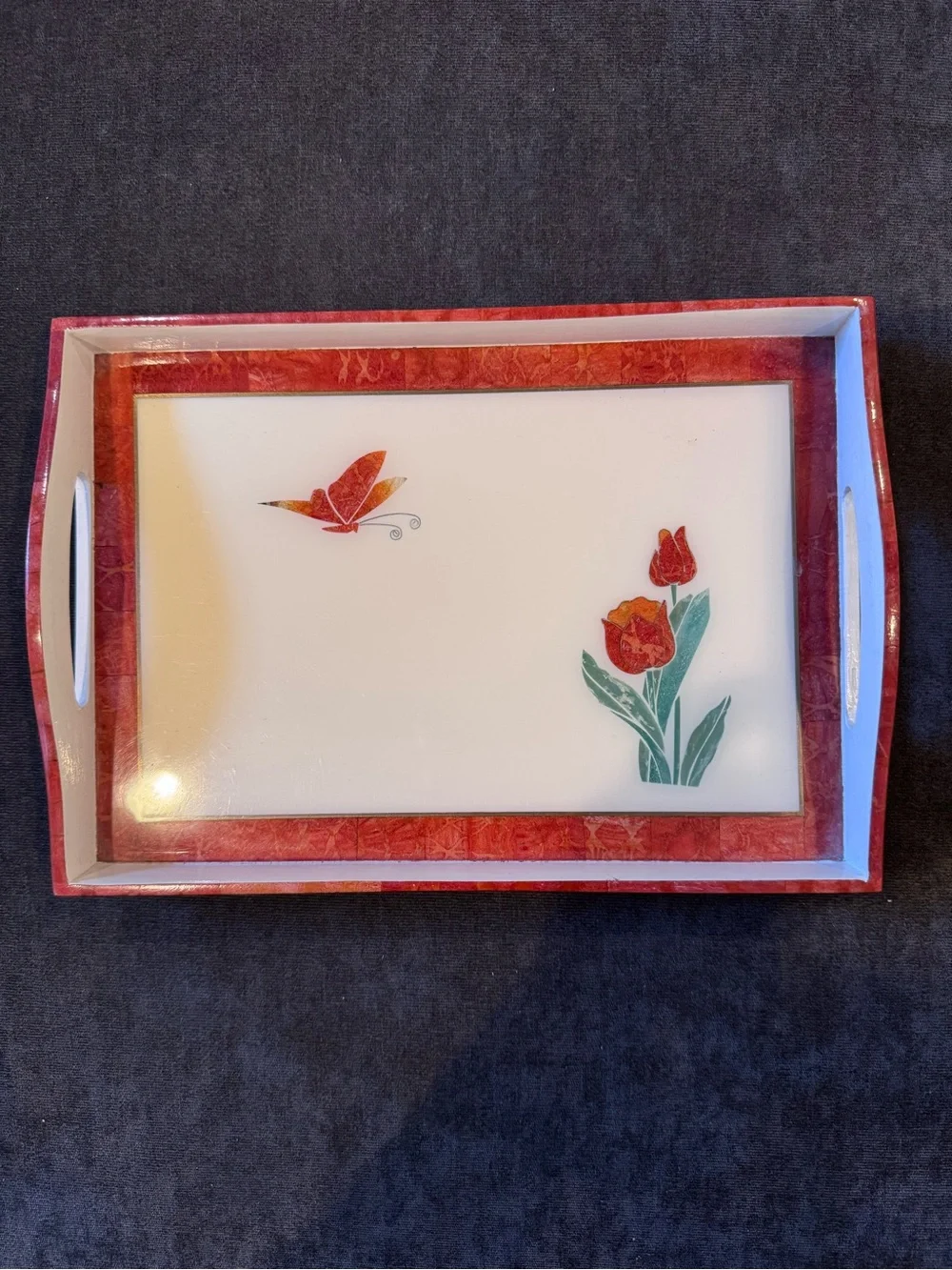 Red Floral Decorative Serving Tray Crafted From the Philippines